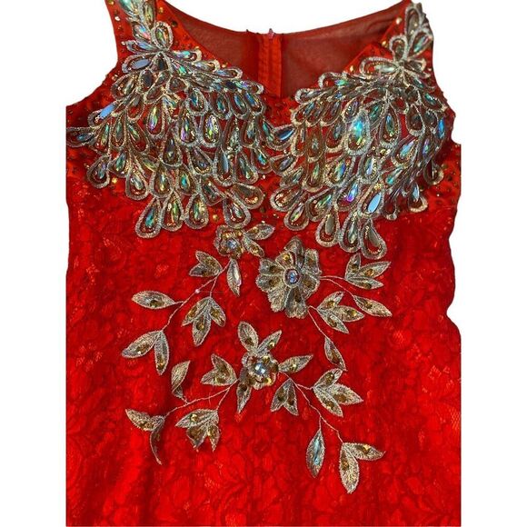 Vintage Elegant Red and Gold Lace Embroidered Peacock Lace Maxi Dress - Picture 13 of 15